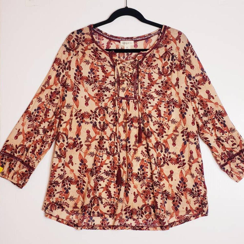 Style & Co Woman Boho Fall Floral Lace Up Front Balloon Long Sleeve Tunic Top 2X
